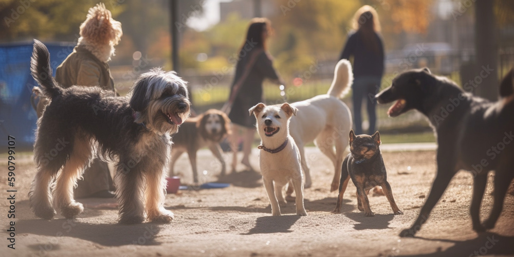 A Pack of Playful Dogs in an Urban Dog Park
