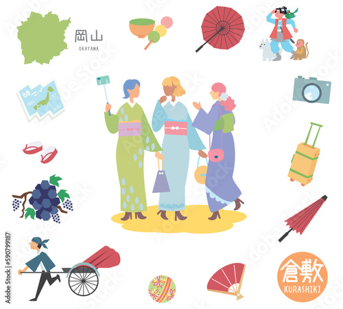 日本の岡山の倉敷の名物観光のアイコンと着物の女友達のセット（フラット）