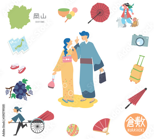 日本の岡山の倉敷の名物観光のアイコンと着物のカップルのセット（フラット）