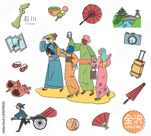 日本の石川の金沢の名物観光のアイコンと着物を着た外国からの観光客のセット（線画）