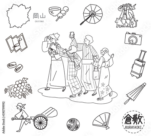 日本の岡山の倉敷の名物観光のアイコンと着物を着た外国からの観光客のセット（線画白黒）