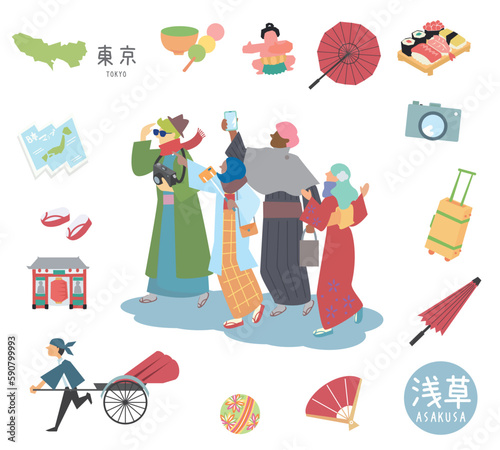 冬の日本の東京の名物観光のアイコンと外国からの観光客のセット（フラット）