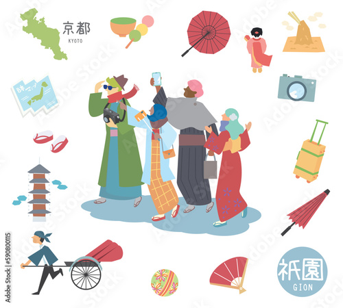 冬の日本の京都の祇園の名物観光のアイコンと着物を着た外国からの観光客のセット（フラット）