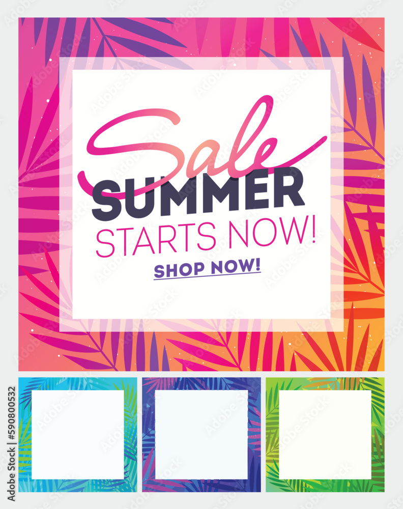 Summer sale poster with palm leaf and lettering. Summer Holiday and Travel template background, vector illustration. Summer tropical background Summer sale poster with palm leaf and lettering. Summer Holiday and Travel template background, vector illustration. Summer tropical background