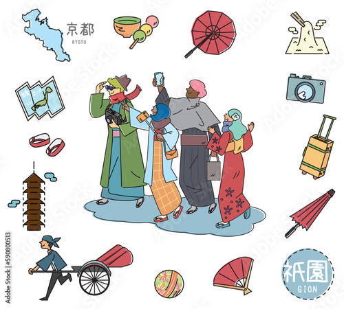 日本の京都の祇園の名物観光のアイコンと着物を着た外国からの観光客のセット（線画）