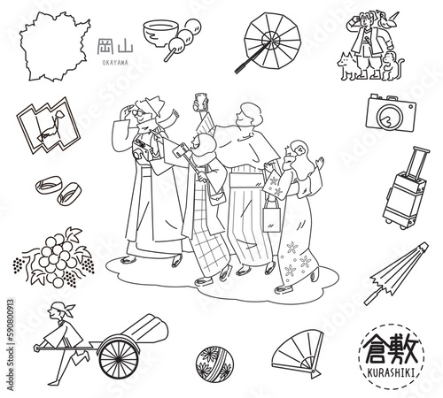 日本の岡山の倉敷の名物観光のアイコンと着物を着た外国からの観光客のセット（線画白黒）