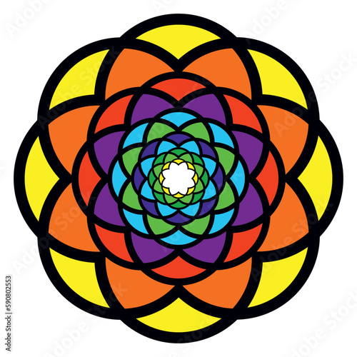 Rozeta - ornament na bazie koła. Kolorowy okrągły witraż. Motyw kwiatowy w tęczowych barwach. Ozdobna grafika, rysunek wektorowy