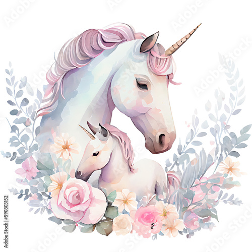 Cute mother unicorn with baby with pink flowers watercolor Illustration isolated on white. Generative AI