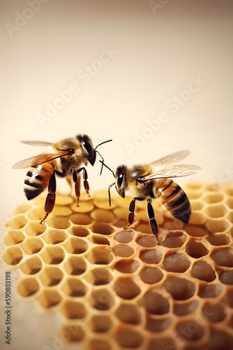 Close up view of the working bees on the honeycomb with sweet honey with copy space. Beekeeping concept. Generative AI
