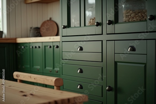 modern kitchen with green cabinets and a wooden bench. Generative AI
