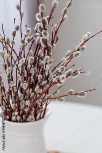 A bouquet of Willow twigs for the Orthodox holiday Palm Sunday. Willow in a white jug in the interior of a modern white kitchen