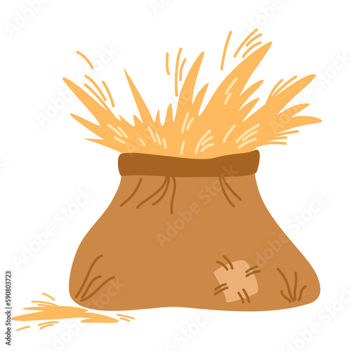 Bag of hay. Rural agricultural hay, dried fodder straw and hay bag. Dry grass, farm fodder bundles. Vector cartoon illustration isolated on the white background. 