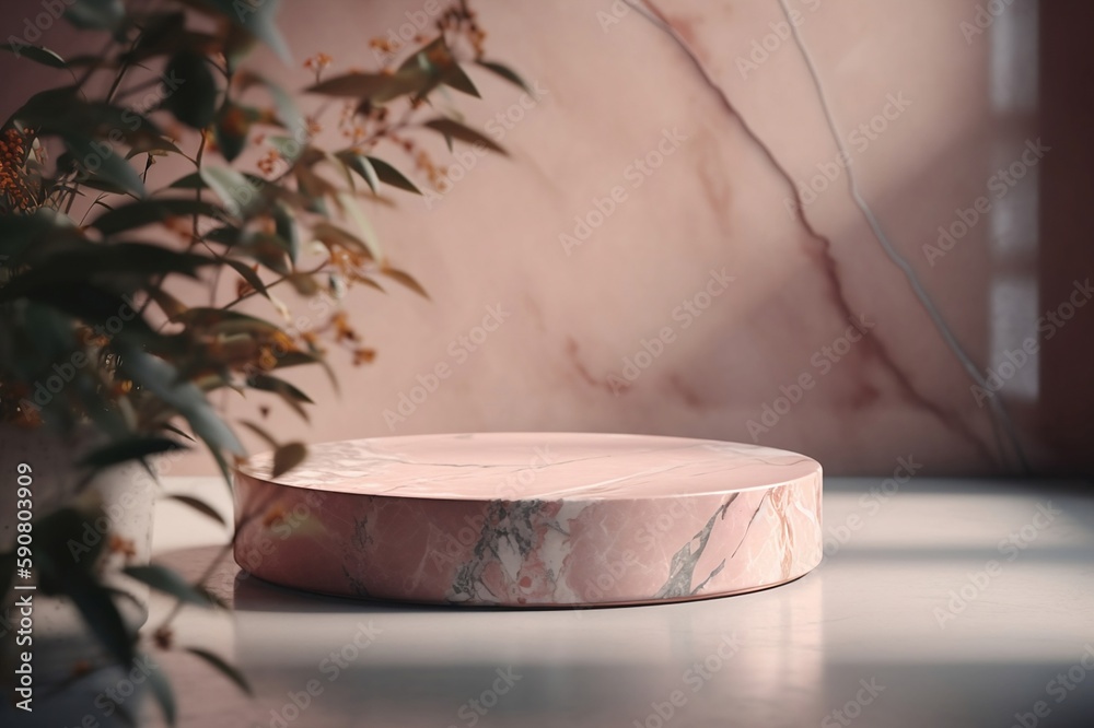 CIrcular pink marble product platform in japanese minimalistic style, Generative AI CIrcular pink marble product platform in japanese minimalistic style, Generative AI