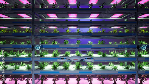 Foto 3d illustration render of vertical farm in modern background purple lights for p