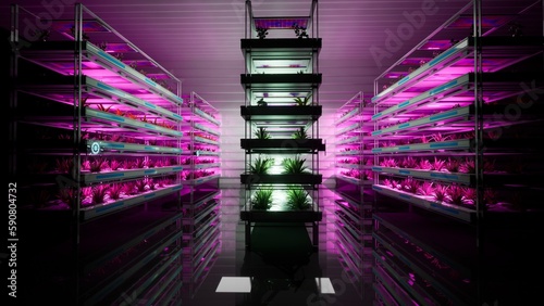 3d illustration render of vertical farm in modern background purple lights for plants photo
