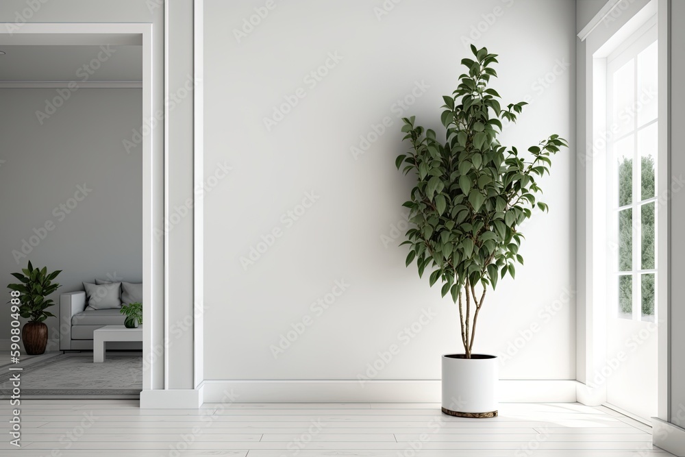 minimalist white room with a green potted plant in the corner. Generative AI