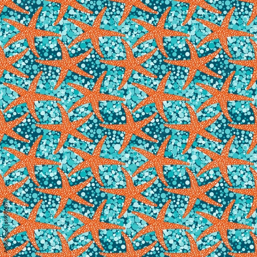 orange starfish in the blue depths of the sea. turquoise water surface with bubbles. fantastic sea landscape. invasion of monsters. seamless wallpaper. colorful poster.