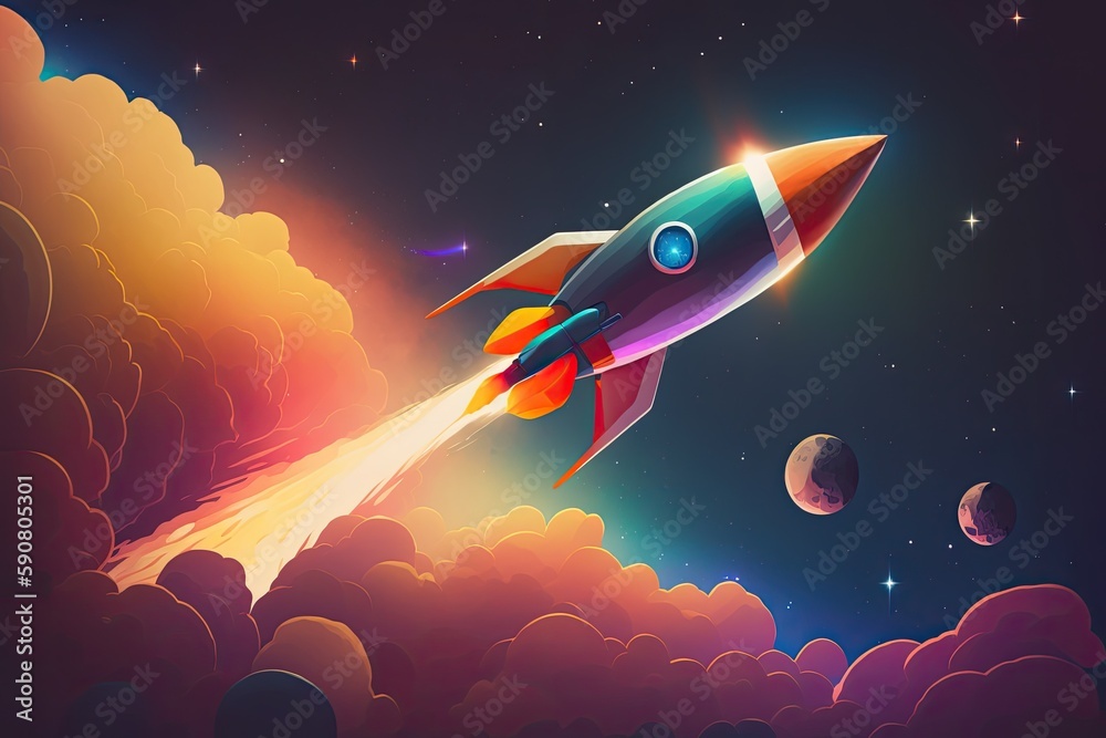 vibrant rocket soaring through a galaxy with planets in the backdrop. Generative AI