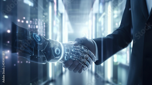 Shaking hands with the future: human and AI collaboration. Man and robot on background of huge data center. Based on Generative AI