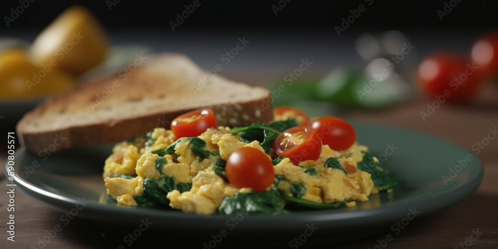 Savory spinach scrambled eggs on a dark plate Savory spinach scrambled eggs on a dark plate