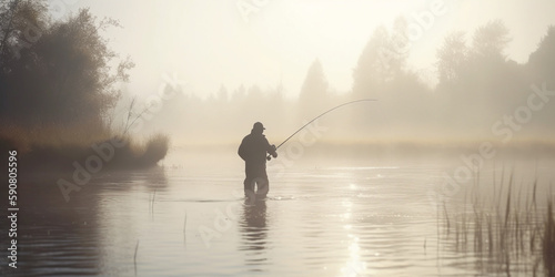 Fishing at Dawn: Angler in the misty lake with fishing rod