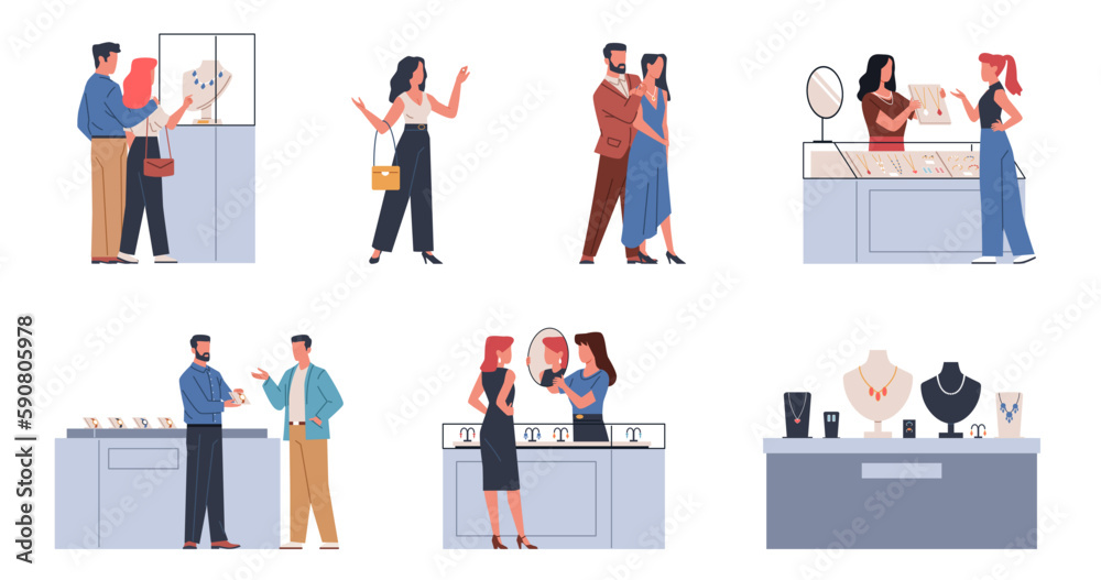 Jewelry store. People trying and choosing jewelry, necklaces and bracelets, earrings and rings in luxury showcases, precious stones, gold metals, cartoon flat isolated scenes, nowaday vector set Jewelry store. People trying and choosing jewelry, necklaces and bracelets, earrings and rings in luxury showcases, precious stones, gold metals, cartoon flat isolated scenes, nowaday vector set