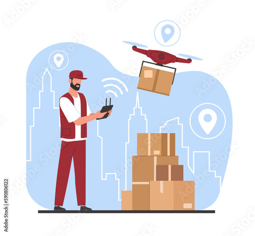 Man controls drone delivery by remote control. Quadcopter carrying a package to customer. Modern technology. Technological shipment innovation. Cartoon flat isolated illustration. Vector concept