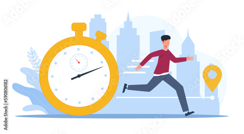 Man running through town, late for meeting. Modern carrying stressed character. Huge watch, speed run, hurry boy urban landscape on background. Cartoon flat illustration. Vector concept