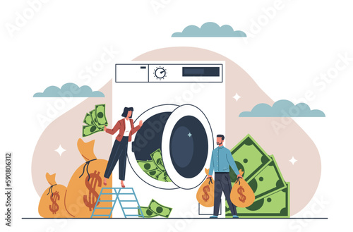 Money laundering. Scammers people illegal activities, tiny persons and huge washing machine with banknotes inside, hiding true income, dirty currency. Financial crime nowaday vector concept