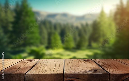 Wood planks and blurred garden background