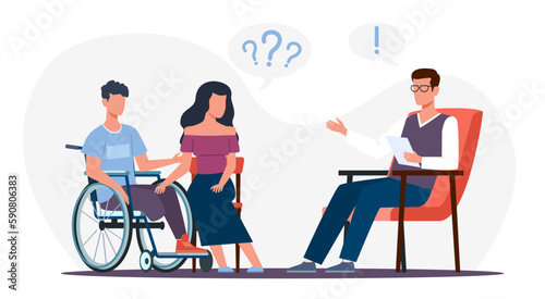 Mother and her disabled teen son in wheelchair in psychologists office talk about their experiences. Psychologist professional consultation. Cartoon flat isolated illustration. Vector concept