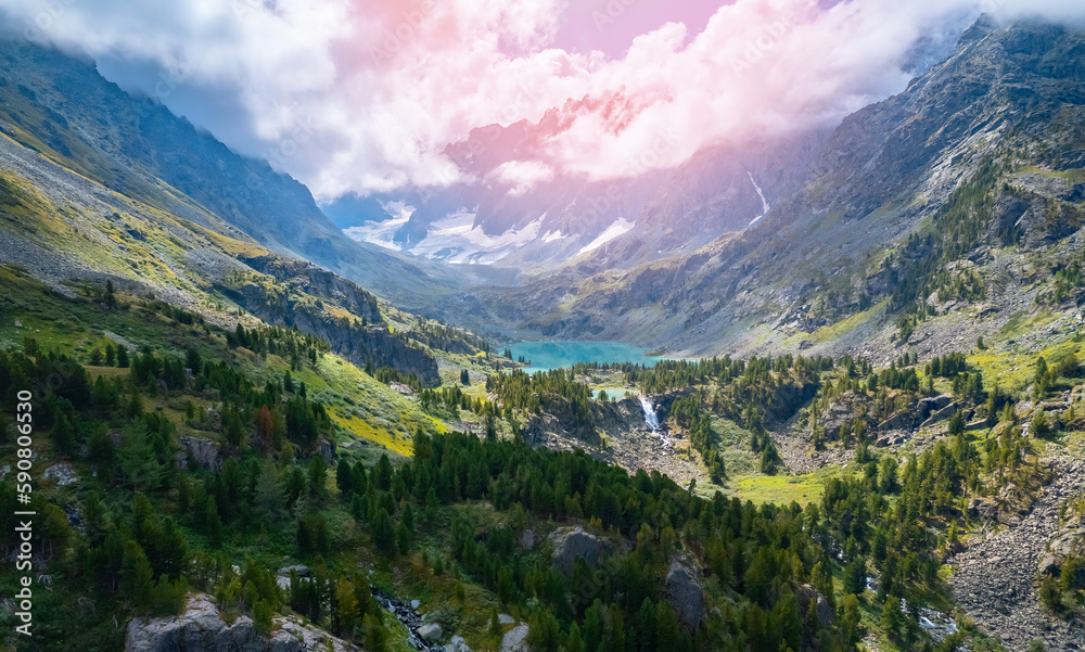 Obraz premium Amazing nature landscape turquoise Kuyguk waterfall and Kuiguk lake in Altai mountains, Siberia Russia. Aerial top view