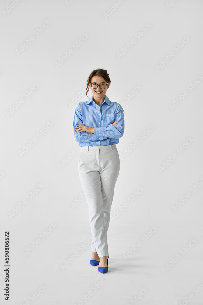 Happy young smiling confident professional business woman, happy stylish pretty lady executive looking at camera, standing isolated at white background, vertical full length portrait. - obrazy, fototapety, plakaty 