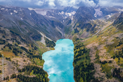 Summer Landscape beautiful mountains Altai with Upper Multinskoye lake, Aerial top view