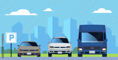 Fototapeta Naklejka Na Ścianę i Meble -  Parking lot with standing cars in background of city. Colored automobiles sedan and truck, urban scene. Special sign on an asphalt road zone. Cartoon flat isolated illustration. Vector concept
