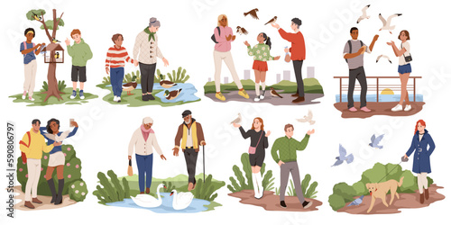 People feed birds. Happy men, women and children give grains and crumbs sparrows and tit, ducks on lake and seagulls, help animals, support urban fauna, cartoon flat tidy vector set