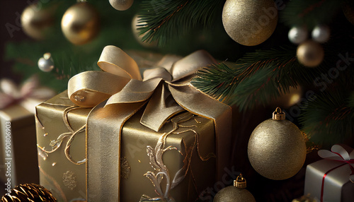 Golden present wrapped in festive Christmas decor generated by AI