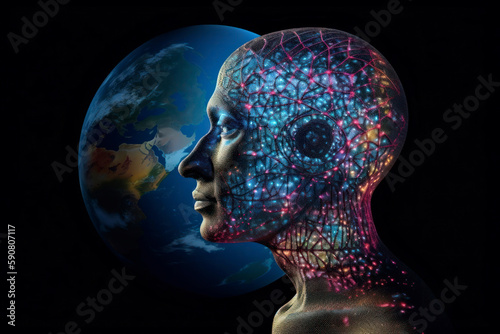 Side view of a cyborg head covered with neural network. Futuristic technology and artificial intelligence. Machine learning technology concept. Generative AI