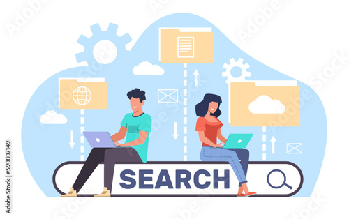 People use laptop to search for files in an electronic database. Man and woman with computer on bar template for website. Ask question online. Cartoon flat isolated illustration. Vector concept © YummyBuum
