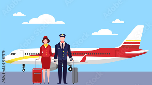 Pilot and flight attendant standing with suitcases at airport near plane. Professional aviation workers in uniform, cabin crew and captain cartoon flat illustration. Vector concept