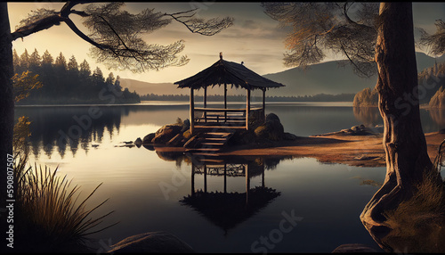 Tranquil sunset over forest reflects in pond generated by AI © Jeronimo Ramos