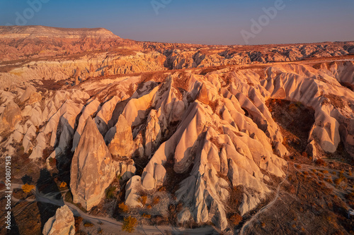 Landscape Cappadocia stone old cave house in Goreme national park Turkey  Aerial top view