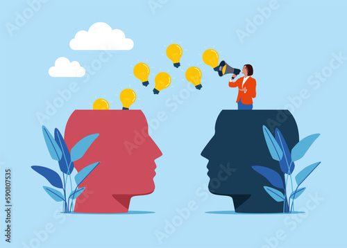 Businesswoman  into loudspeaker sending bulbs to head. Girl with megaphone attracting attention. Modern vector illustration in flat style