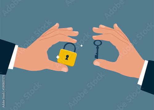 Two hands with padlock and key. Modern vector illustration in flat style