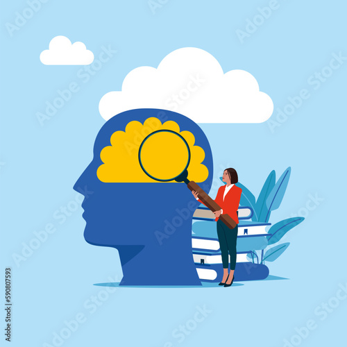 Businesswoman with magnifying glass focus on brain research. Marketing strategy. Flat vector illustration