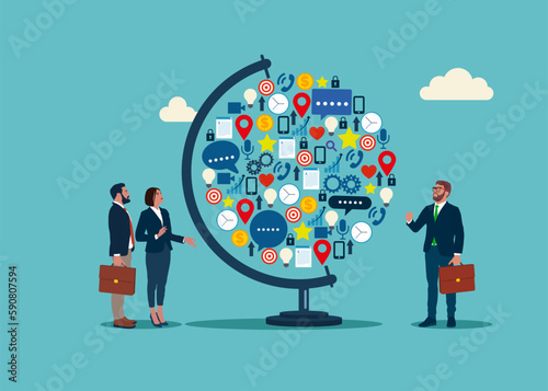 World of Icons and business. Focus on global business goals. Modern vector illustration in flat style