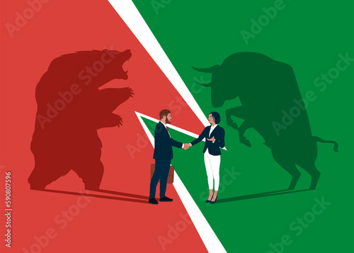 Bear and Bull fighting. Business people handshake. Symbol of Financial markets. Global economy crash or boom. Diplomacy, contract signing. Modern vector illustration in flat style