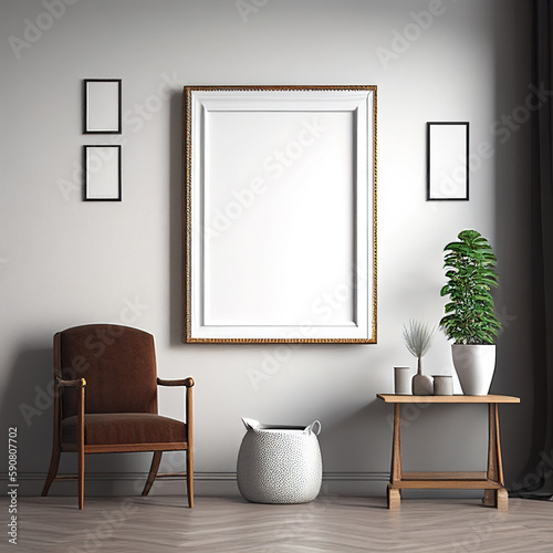 Hanging white blank photo frame generated by artificial intelligence