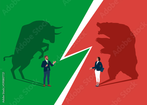 Bear and Bull fighting. Symbol of Financial markets. Global economy crash or boom. Modern vector illustration in flat style