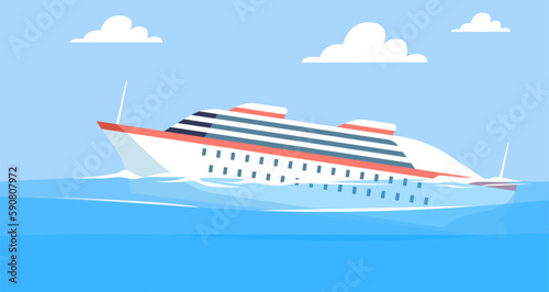 Ship, cruise ship sinking at sea. Water transport accident in ocean, danger situation during voyage, damaged yacht. Cartoon flat isolated shipwreck illustration. Vector catastrophe concept